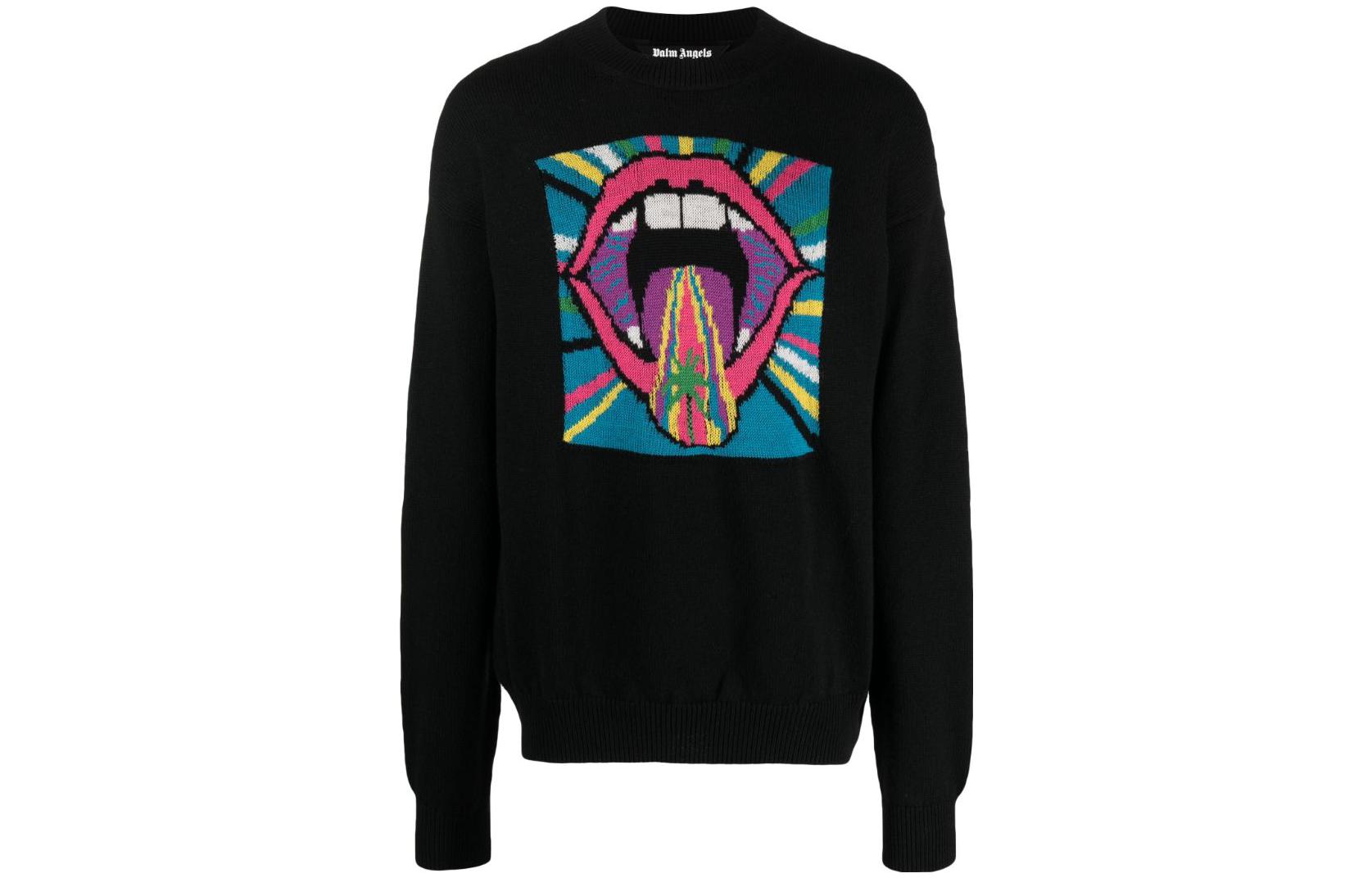 Order Palm Angels Sweater Rajut Colorblock Bordir Hitam PMHE054F23KNI0021084