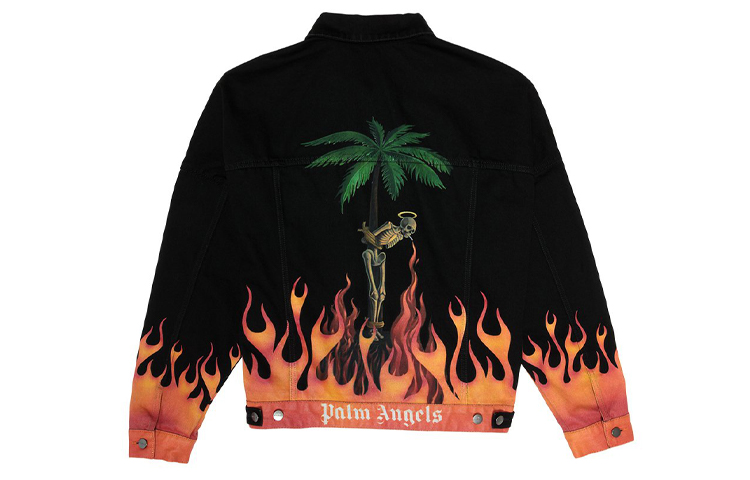 Palm Angels Flame Skull & Palm Tree Print Denim Jacket Black PMYE006R205620177688