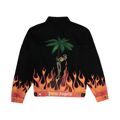 Palm Angels Flame Skull & Palm Tree Print Denim Jacket Black PMYE006R205620177688