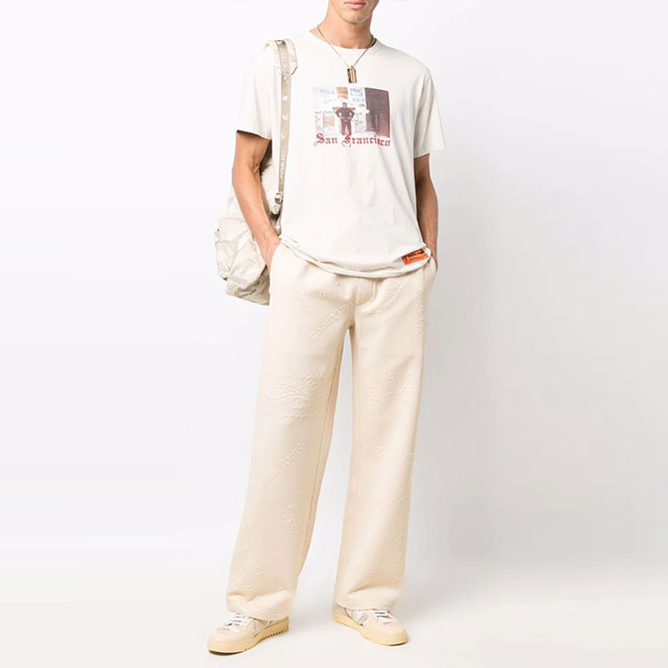 Lookbook PALM ANGELS FW21 Embossed Straight Track Pants Beige Men’s. PMCA097F21FAB0030337