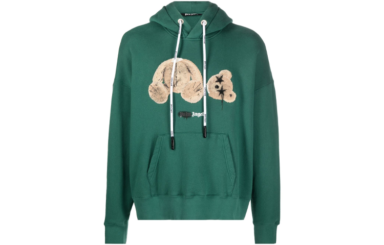 PALM ANGELS FW21 Solid Color Bear Print Hoodie Green PMBB058F21FLE0125760