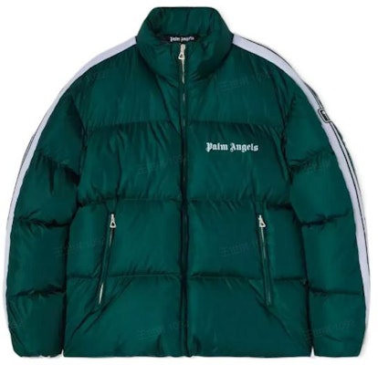 PALM ANGELS FW22 Green Puffer Jacket with Solid Stripes and Logo Print. PMED019F22FAB0015501 Buy PALM ANGELS FW22 Green Puffer Jacket with Solid Stripes and Logo Print. PMED019F22FAB0015501