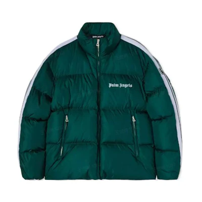 PALM ANGELS FW22 Green Puffer Jacket with Solid Stripes and Logo Print. PMED019F22FAB0015501