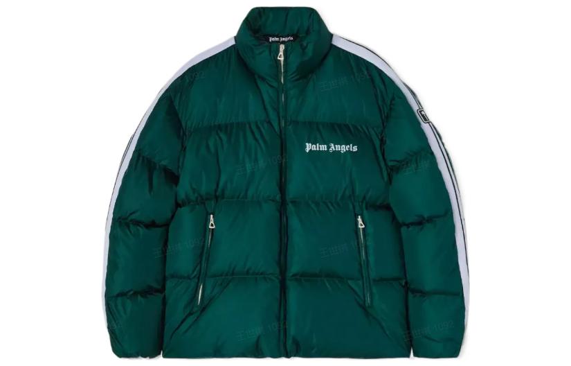 Order PALM ANGELS FW22  Green Puffer Jacket with Solid Stripes and Logo Print. PMED019F22FAB0015501