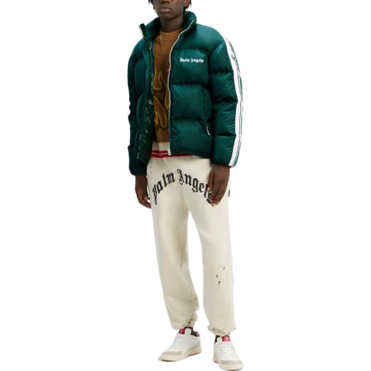Shop PALM ANGELS FW22  Green Puffer Jacket with Solid Stripes and Logo Print. PMED019F22FAB0015501