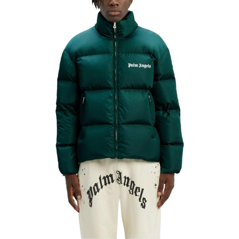 Details for PALM ANGELS FW22  Green Puffer Jacket with Solid Stripes and Logo Print. PMED019F22FAB0015501