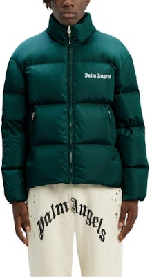 PALM ANGELS FW22 Green Puffer Jacket with Solid Stripes and Logo Print. PMED019F22FAB0015501 Details for PALM ANGELS FW22 Green Puffer Jacket with Solid Stripes and Logo Print. PMED019F22FAB0015501