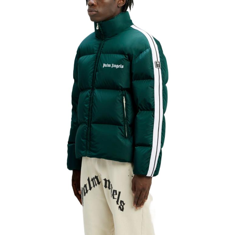 Sizing PALM ANGELS FW22  Green Puffer Jacket with Solid Stripes and Logo Print. PMED019F22FAB0015501