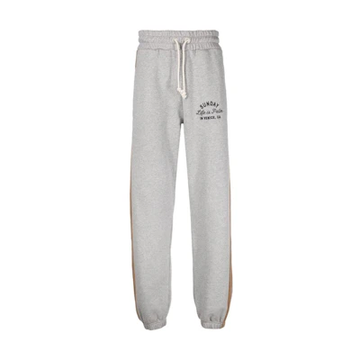 Palm Angels FW22 Grey Slogan Embroidered Jogger Sweatpants with Stripes. PMCH015F22FLE0010810MELANGE