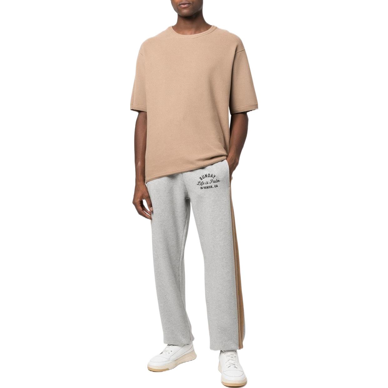 Lookbook Palm Angels FW22  Grey Slogan Embroidered Jogger Sweatpants with Stripes. PMCH015F22FLE0010810MELANGE