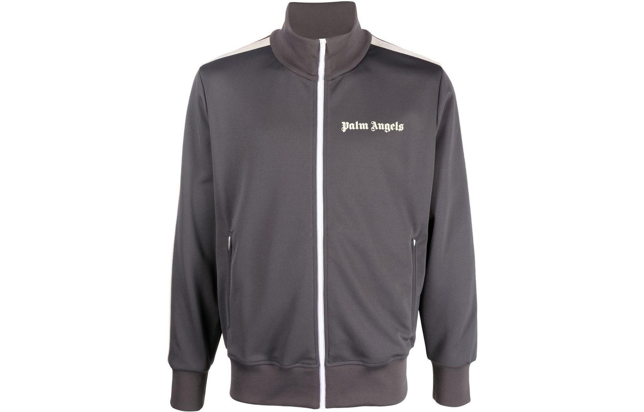 Palm Angels FW22  Grey Striped Logo Print Zip-Up Track Jacket. PMBD001F22FAB0020703