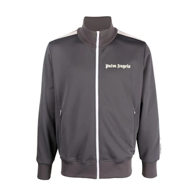 Palm Angels FW22 Grey Striped Logo Print Zip-Up Track Jacket. PMBD001F22FAB0020703