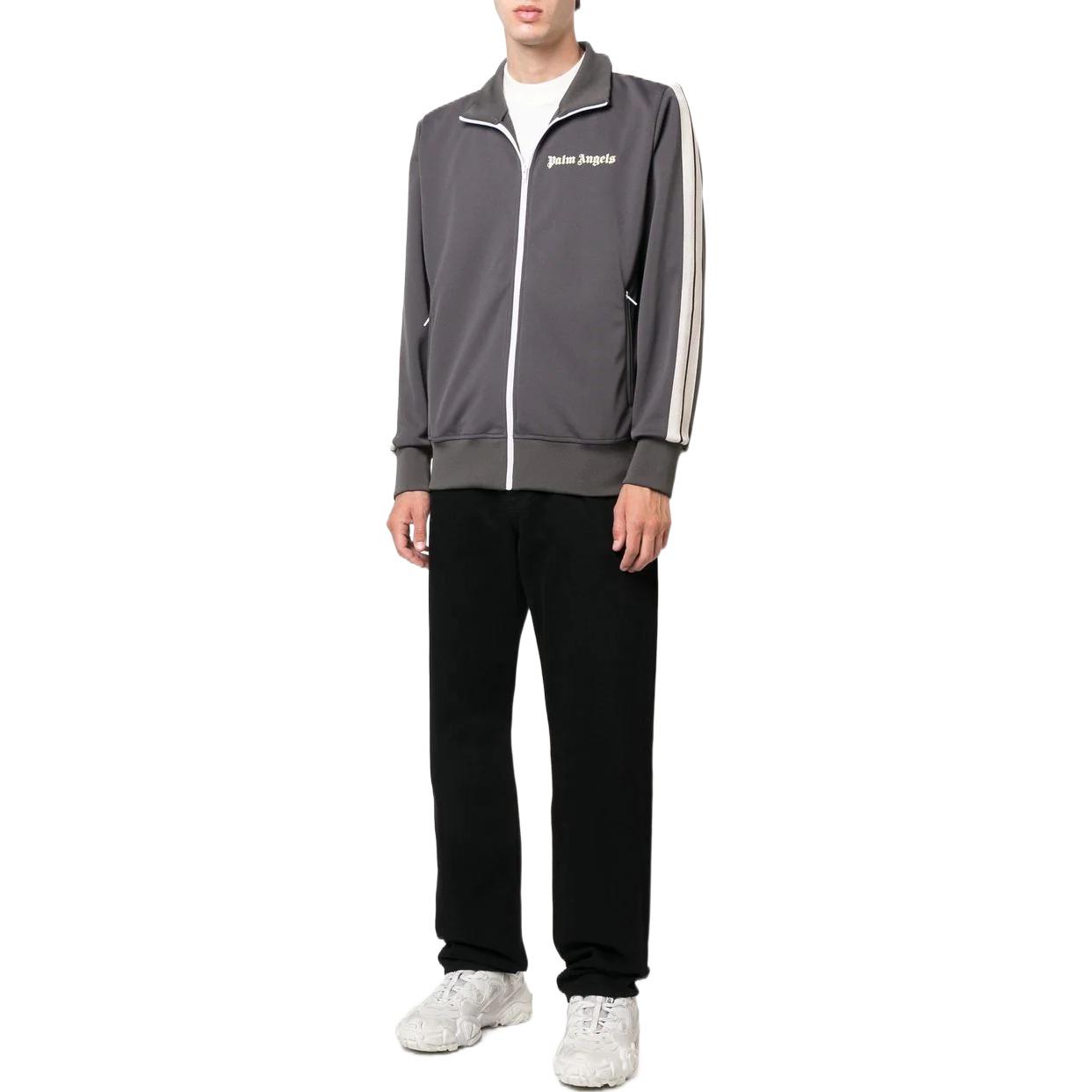 Lookbook Palm Angels FW22  Grey Striped Logo Print Zip-Up Track Jacket. PMBD001F22FAB0020703