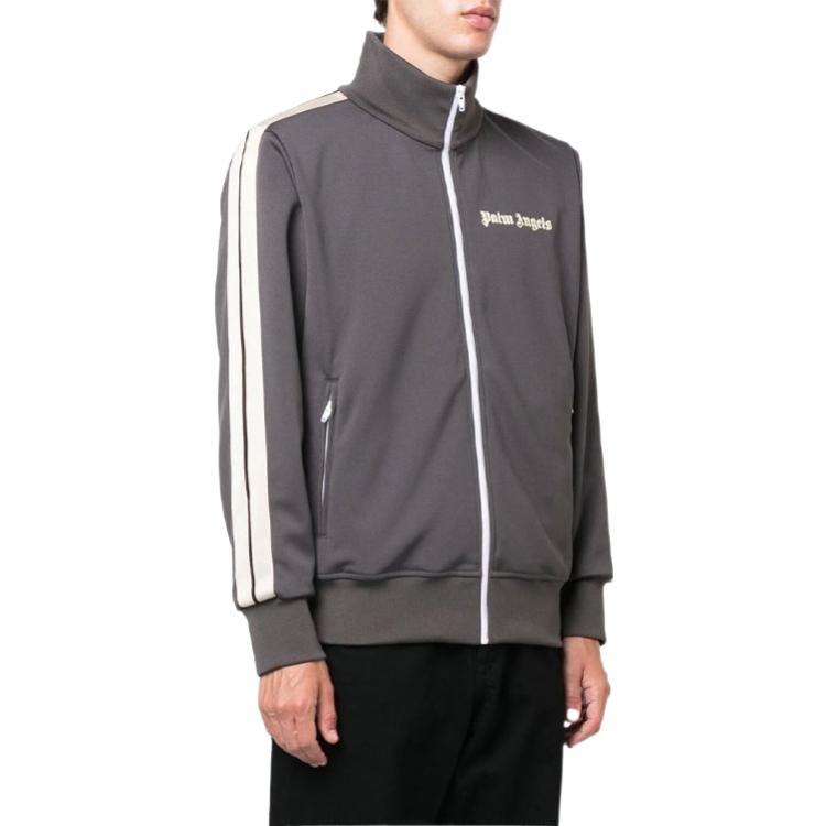 Purchase Palm Angels FW22  Grey Striped Logo Print Zip-Up Track Jacket. PMBD001F22FAB0020703