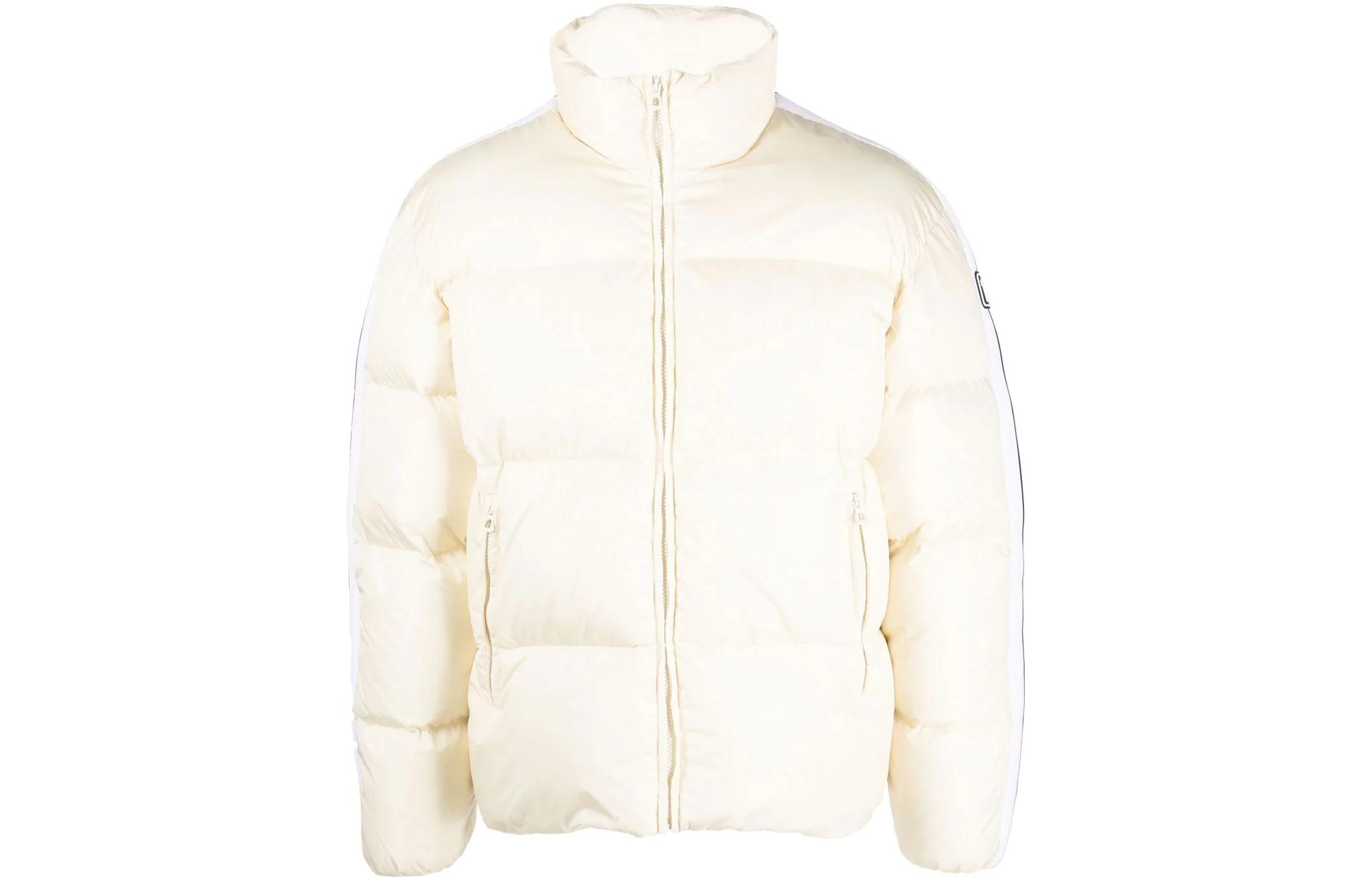 Order PALM ANGELS FW22  White Logo Puffer Jacket with Striped Trim. PMED019F22FAB0010401