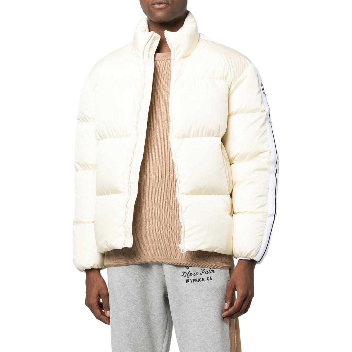 Shop PALM ANGELS FW22  White Logo Puffer Jacket with Striped Trim. PMED019F22FAB0010401