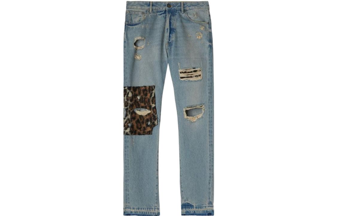 Order PALM ANGELS FW22 Animal Print Patchwork Jeans Men’s Blue PMYA012F22DEN0044560