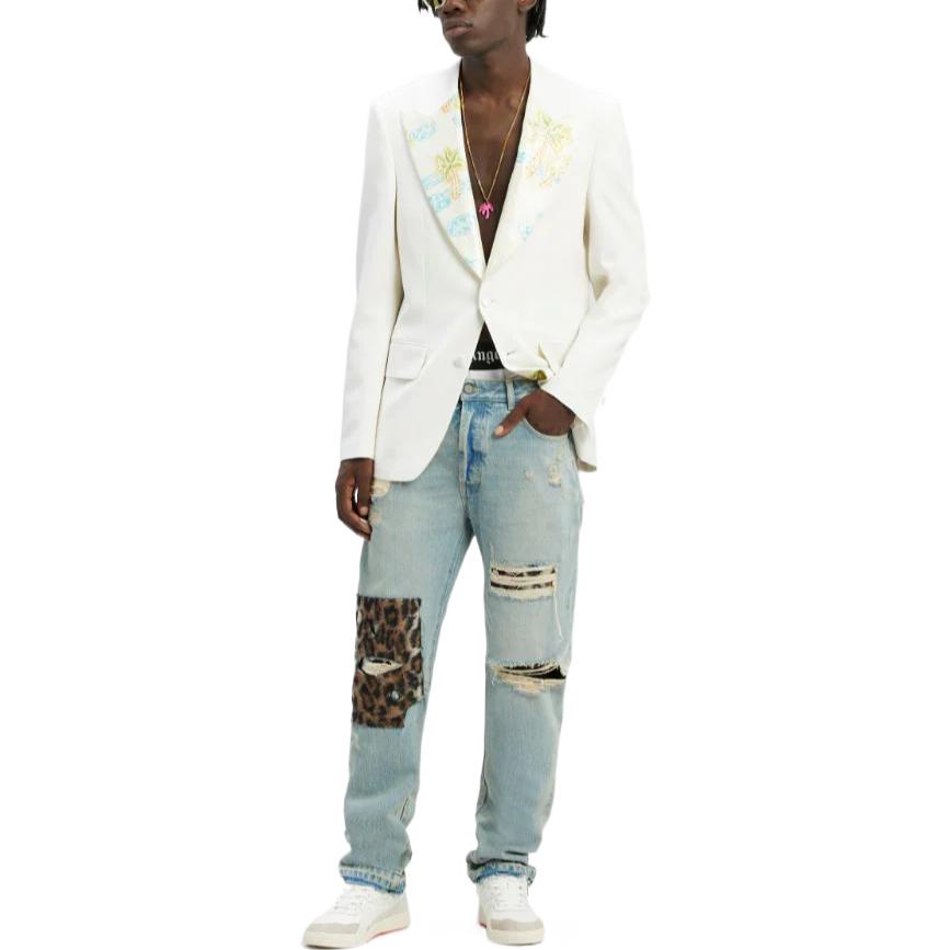 Shop PALM ANGELS FW22 Animal Print Patchwork Jeans Men’s Blue PMYA012F22DEN0044560