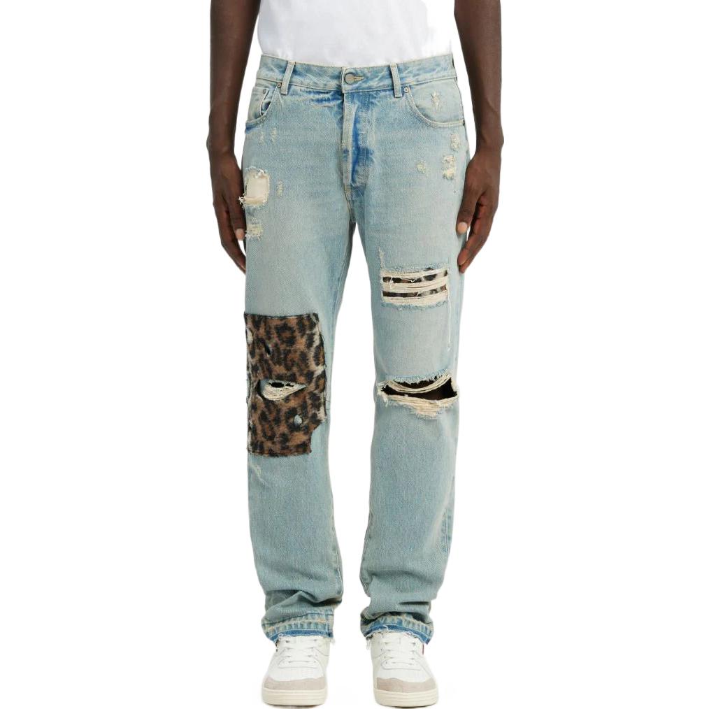 Purchase PALM ANGELS FW22 Animal Print Patchwork Jeans Men’s Blue PMYA012F22DEN0044560