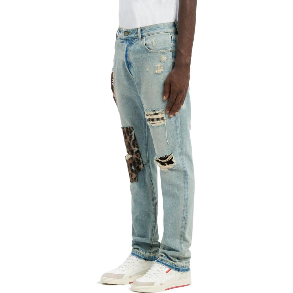 Sizing PALM ANGELS FW22 Animal Print Patchwork Jeans Men’s Blue PMYA012F22DEN0044560