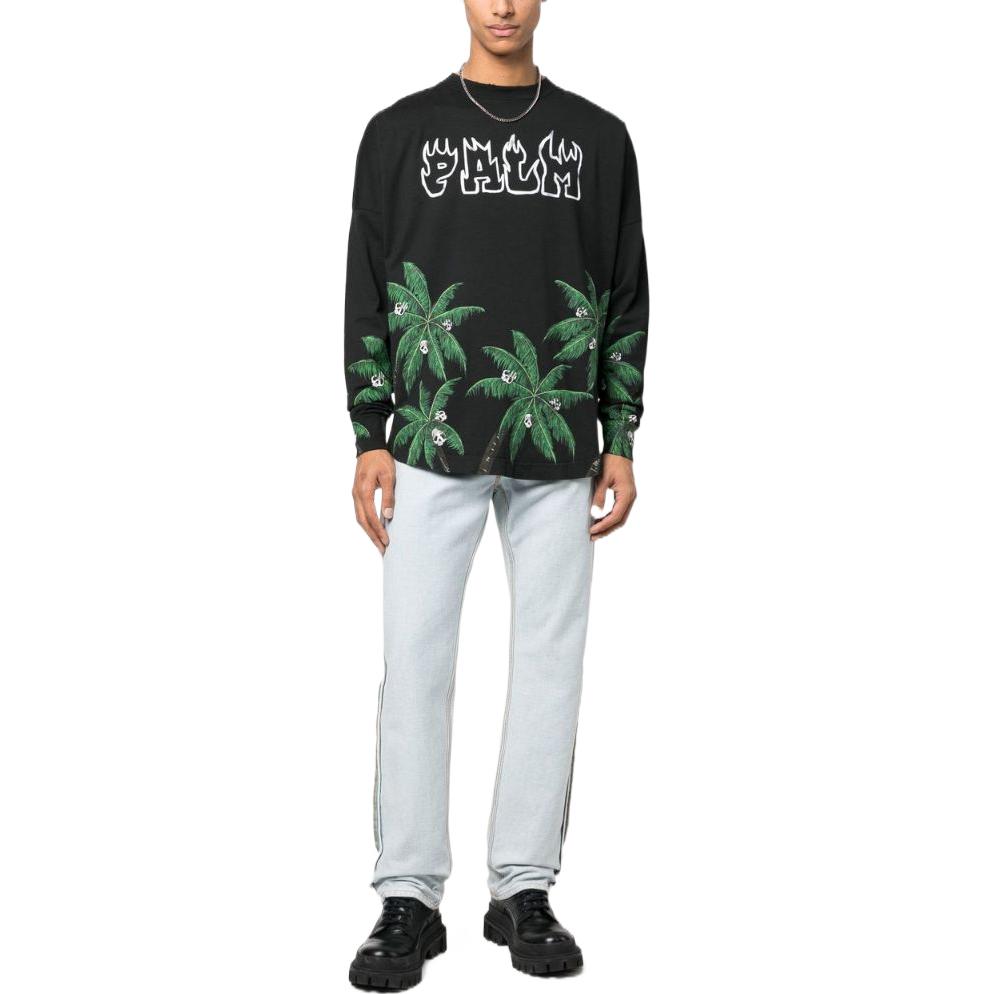 Lookbook PALM ANGELS 2022秋冬黑色卫衣 植物标志字母印花男款 PMAB001S23JER0021055