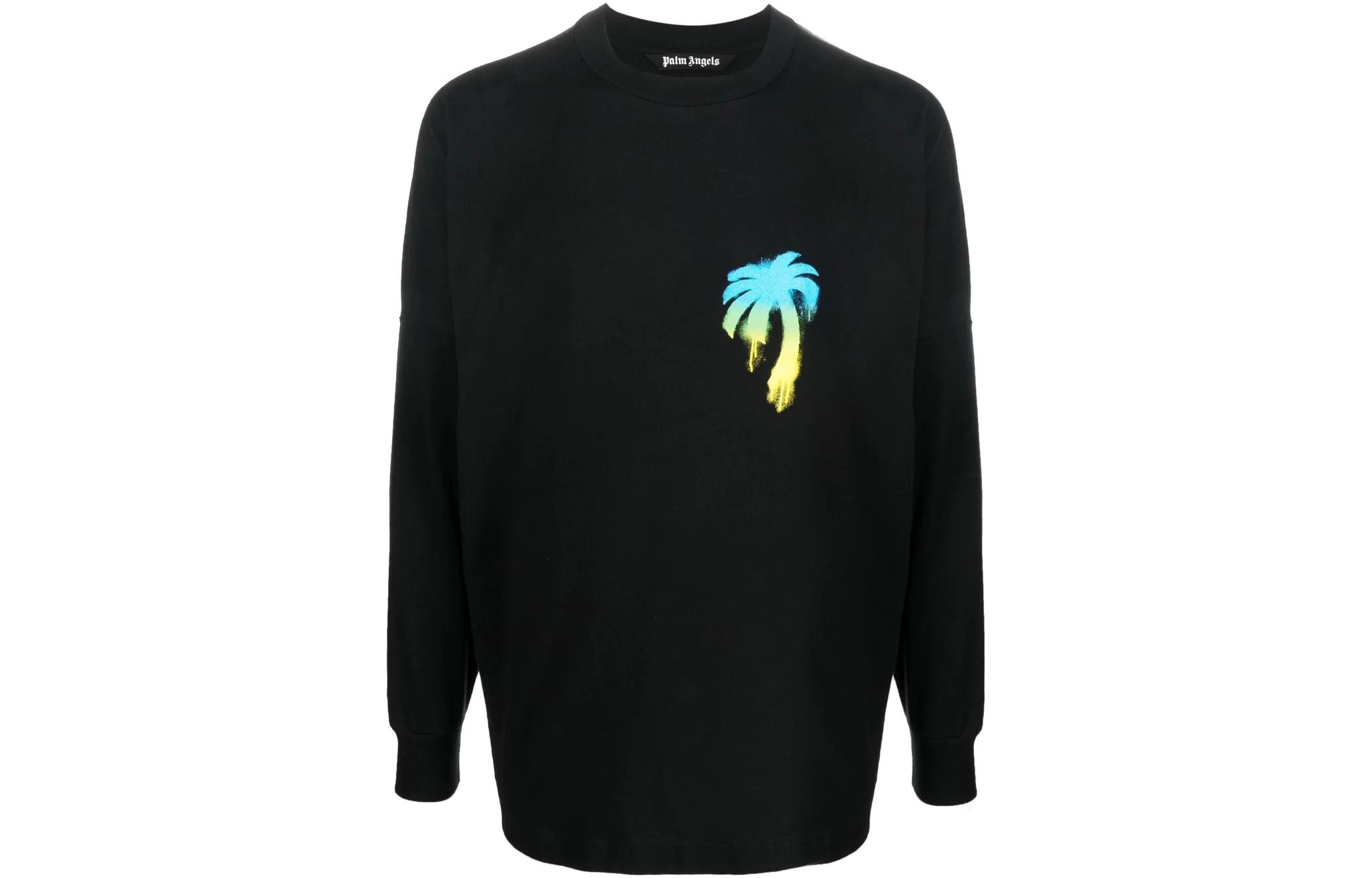 Palm Angels FW22 Botanical Print Black Long Sleeve Crewneck Tee PMAB001F22JER0031055