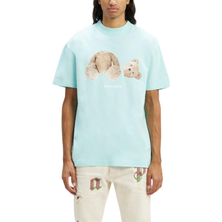 Shop PALM ANGELS FW22 Cartoon Print Crewneck T-Shirt Unisex Light Blue PMAA001C99JER0144060