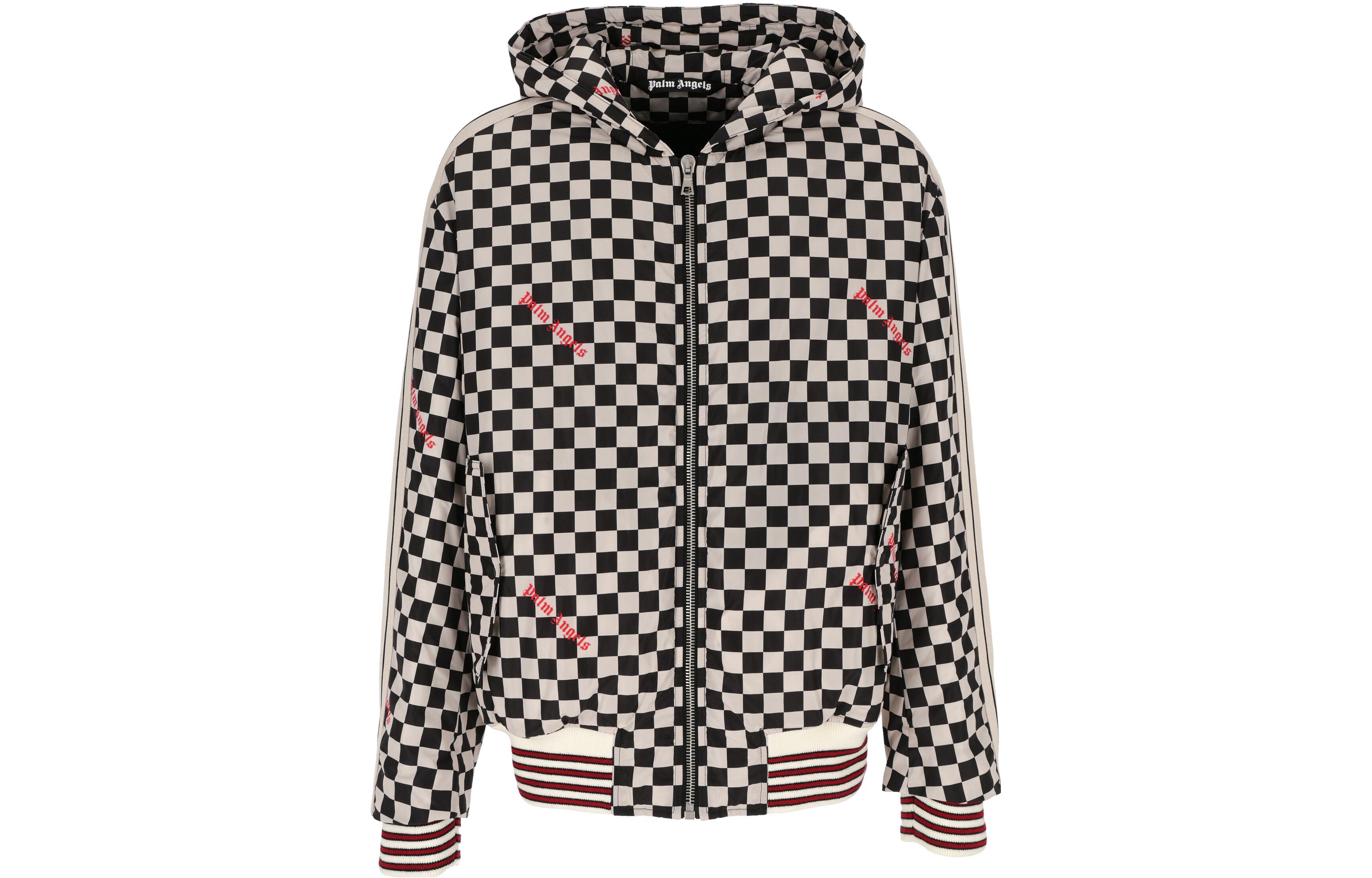 PALM ANGELS FW22 Checkered Logo Zip Hoodie Jacket Black/White Men. PMEA225F22FAB0011025