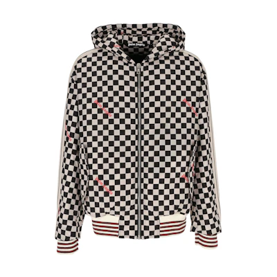 PALM ANGELS FW22 Checkered Logo Zip Hoodie Jacket Black/White Men. PMEA225F22FAB0011025