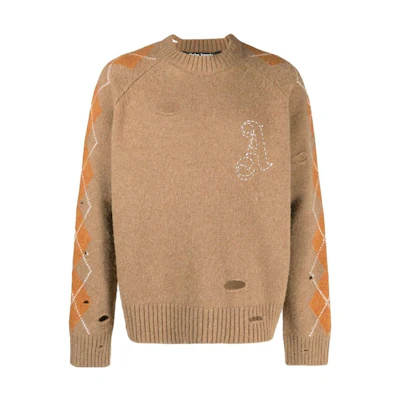 PALM ANGELS FW22 Distressed Argyle Knit Pullover Sweater Beige . PMHE042F22KNI0016103