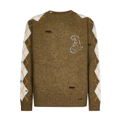 Palm Angels FW22 Distressed Argyle Knit Pullover Sweater Brown . PMHE042F22KNI0015603