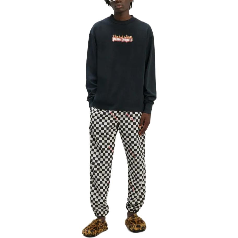 Lookbook PALM ANGELS FW22 Flame Logo Hitam Lengan Panjang Crewneck Tee Pria. PMAB002F22JER0021001