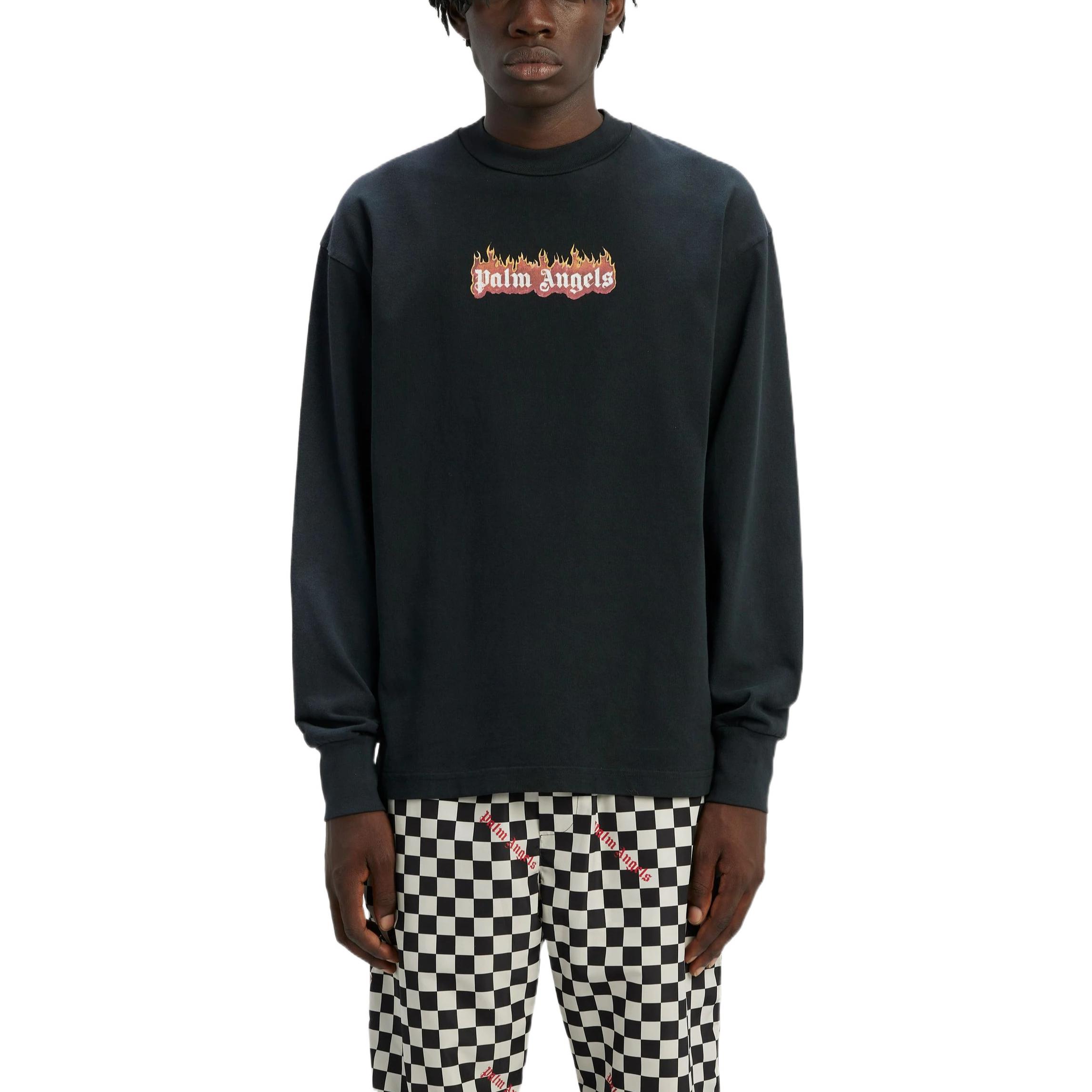 Shop PALM ANGELS FW22 Flame Logo Hitam Lengan Panjang Crewneck Tee Pria. PMAB002F22JER0021001