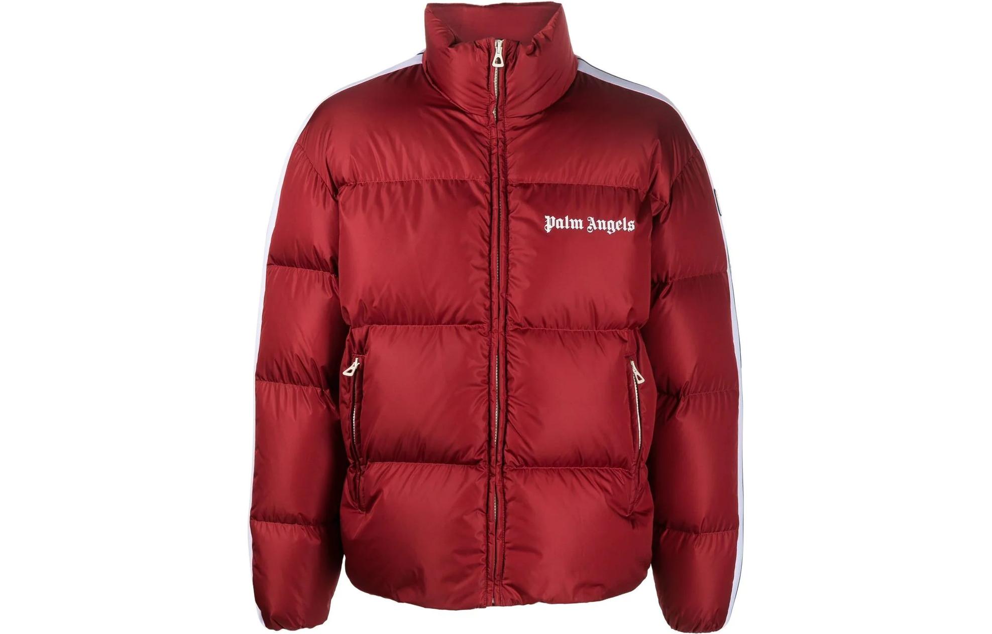 Palm Angels FW22 Logo Puffer Jacket Brick Red Down Collar Coat PMED019C99FAB0012501
