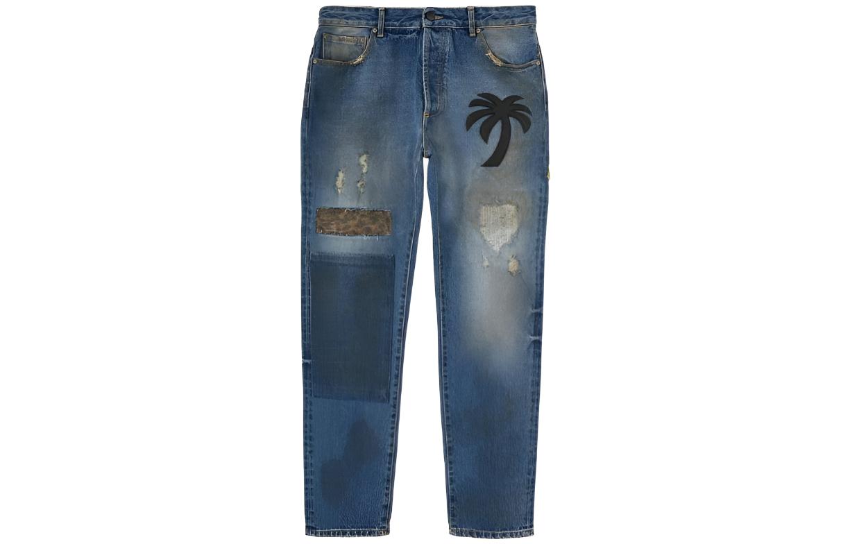 PALM ANGELS FW22 Palm Tree Print Blue Denim Jeans Men PMYA012F22DEN0094510