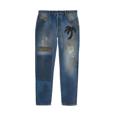 PALM ANGELS FW22 Palm Tree Print Blue Denim Jeans Men PMYA012F22DEN0094510
