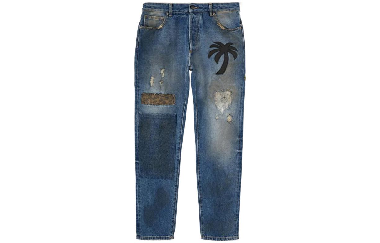 Order PALM ANGELS FW22 Palm Tree Print Blue Denim Jeans Men PMYA012F22DEN0094510
