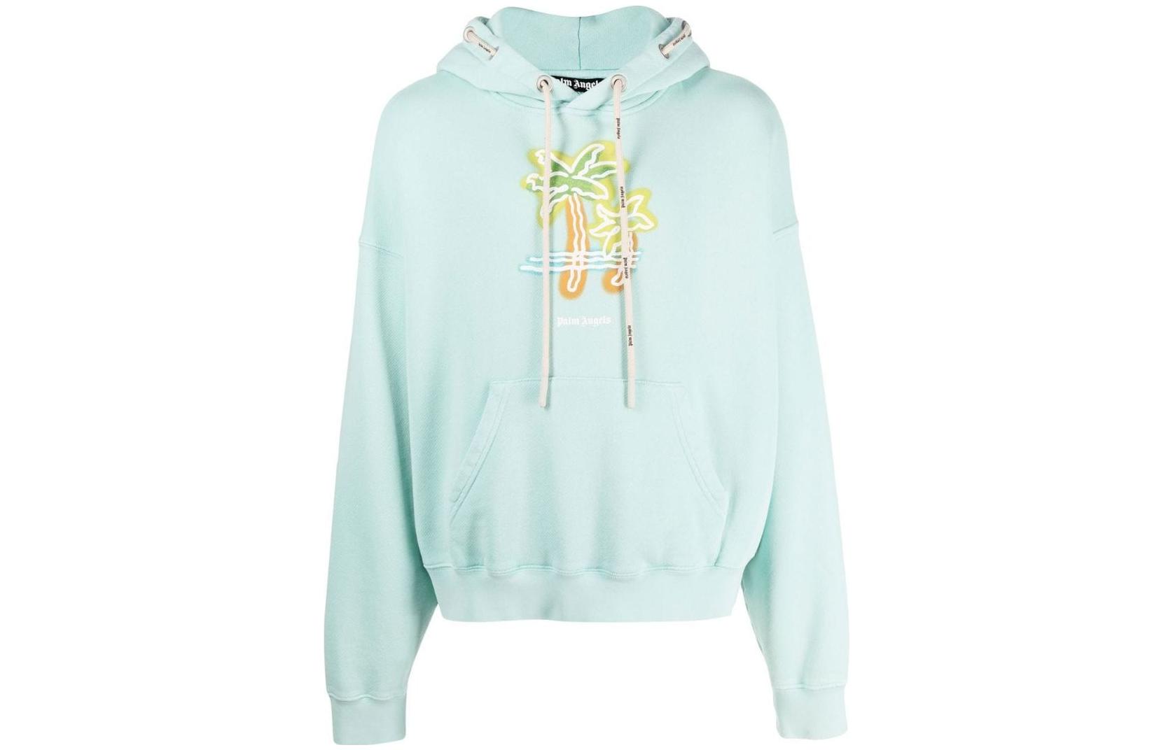 Palm Angels FW22 Palm Tree Pullover Hoodie Blue Green Long Sleeve PMBB115G22FLE0024318