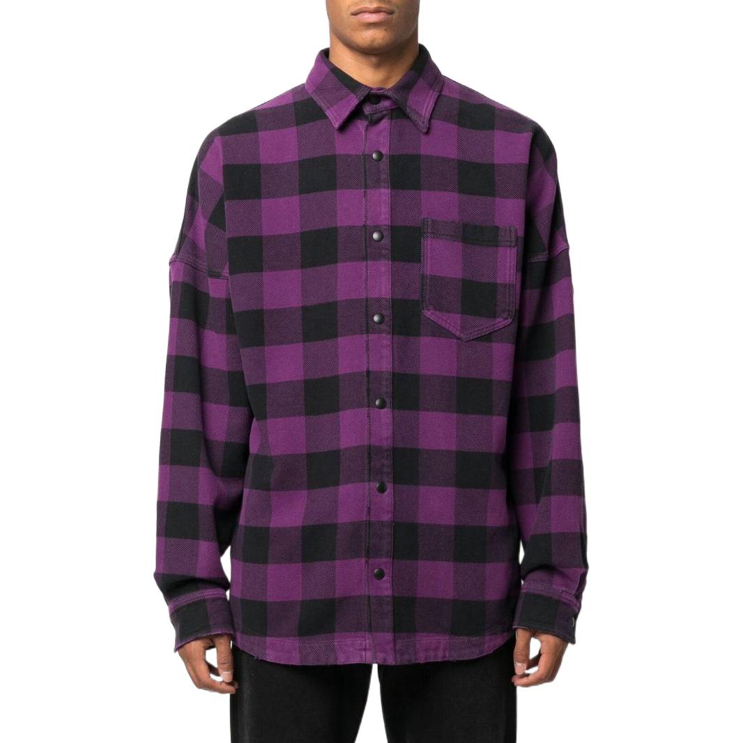 Lookbook Palm Angels FW22 Purple Checkered Logo Print Button-Up Shirt for Men. PMGA024F22FAB0013701