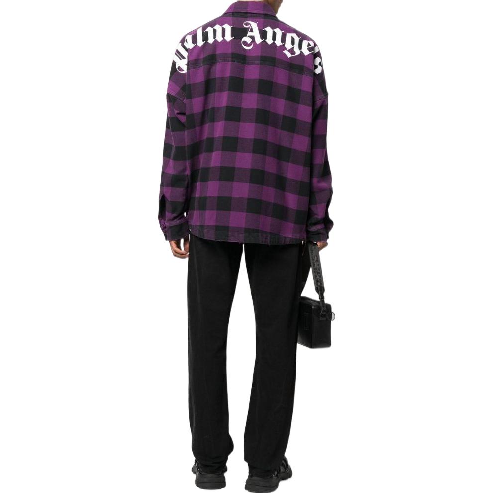Shop Palm Angels FW22 Purple Checkered Logo Print Button-Up Shirt for Men. PMGA024F22FAB0013701