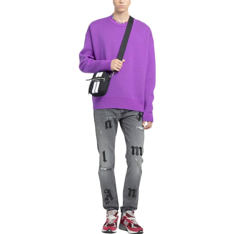Lookbook PALM ANGELS 22秋冬 紫色提花圖案羊毛套頭毛衣 PMHE007F22KNI0013710