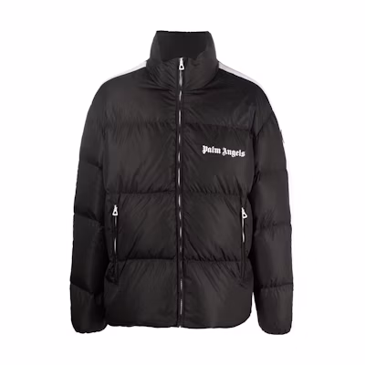 Palm Angels FW22 Striped Letter Print Long-Sleeve Puffer Jacket Black Mens. PMED019F22FAB0011001