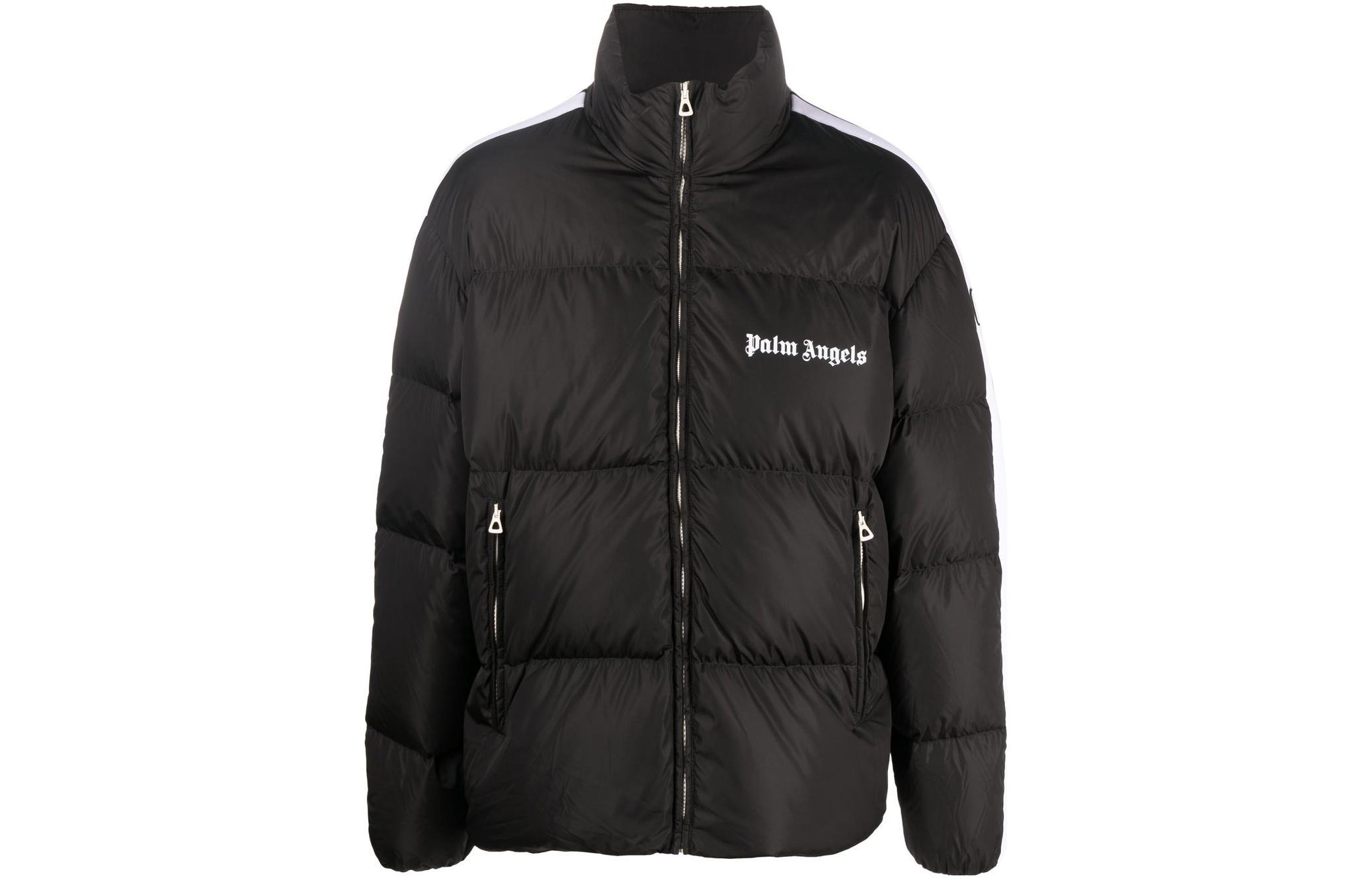 Order Palm Angels FW22 Striped Letter Print Long-Sleeve Puffer Jacket Black Mens. PMED019F22FAB0011001