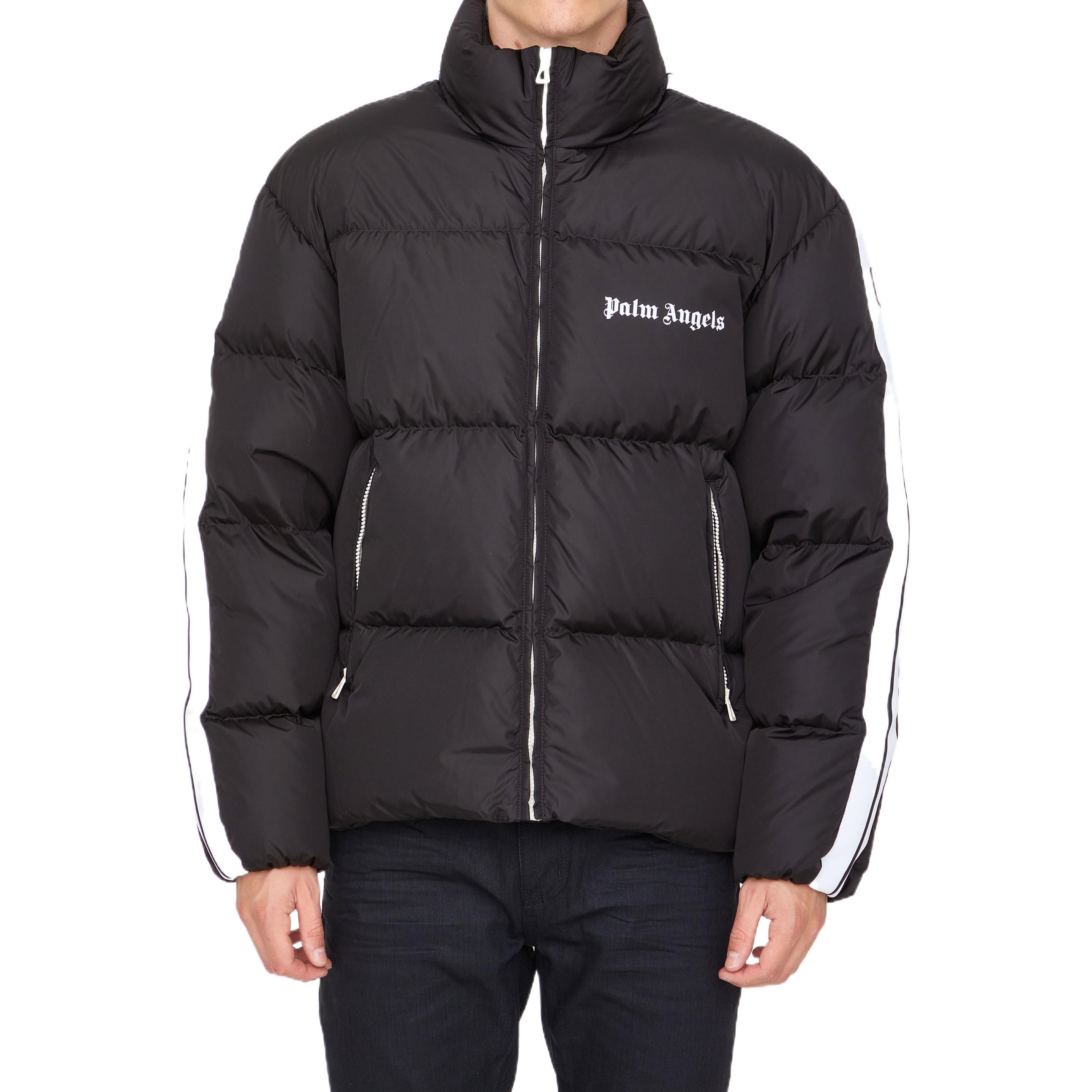 Lookbook Palm Angels FW22 Striped Letter Print Long-Sleeve Puffer Jacket Black Mens. PMED019F22FAB0011001