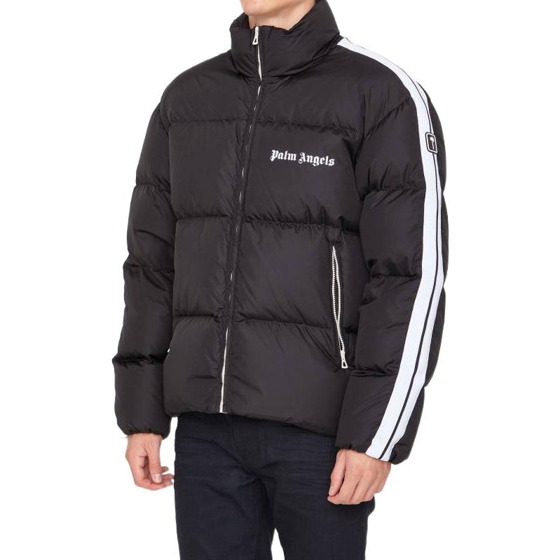 Purchase Palm Angels FW22 Striped Letter Print Long-Sleeve Puffer Jacket Black Mens. PMED019F22FAB0011001