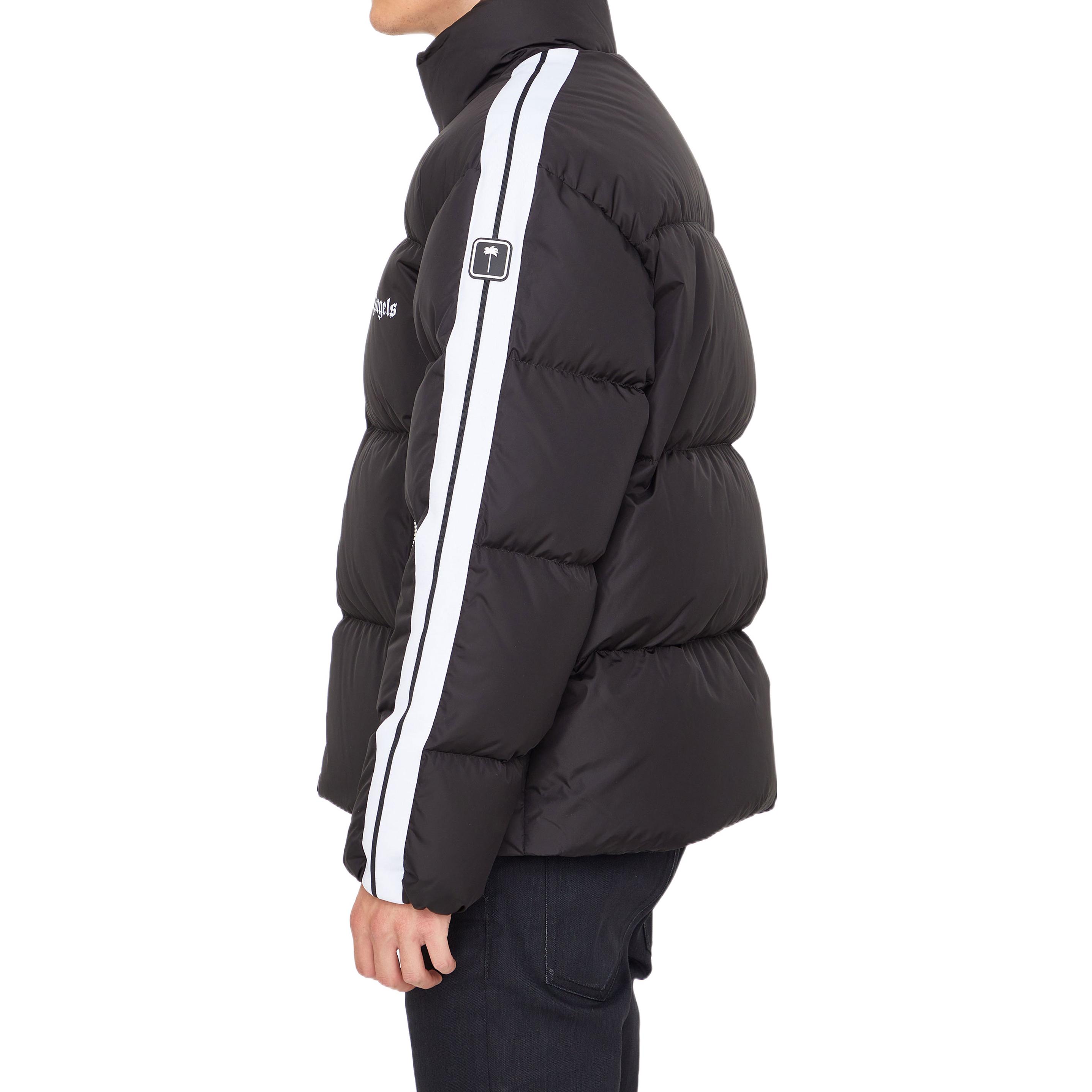 Details for Palm Angels FW22 Striped Letter Print Long-Sleeve Puffer Jacket Black Mens. PMED019F22FAB0011001