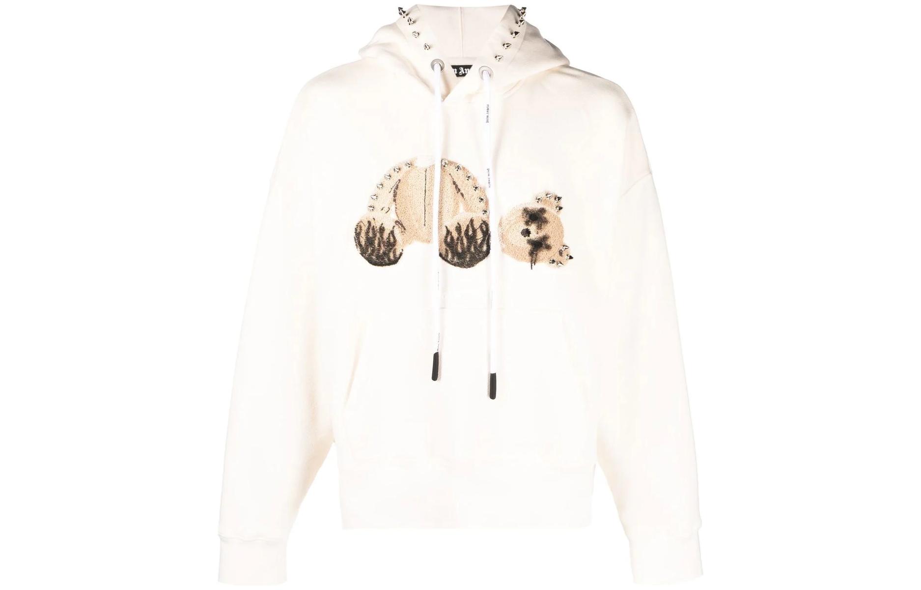 PALM ANGELS FW22 Studded Drawstring Hoodie Beige Menswear. PMBB058F22FLE0020460