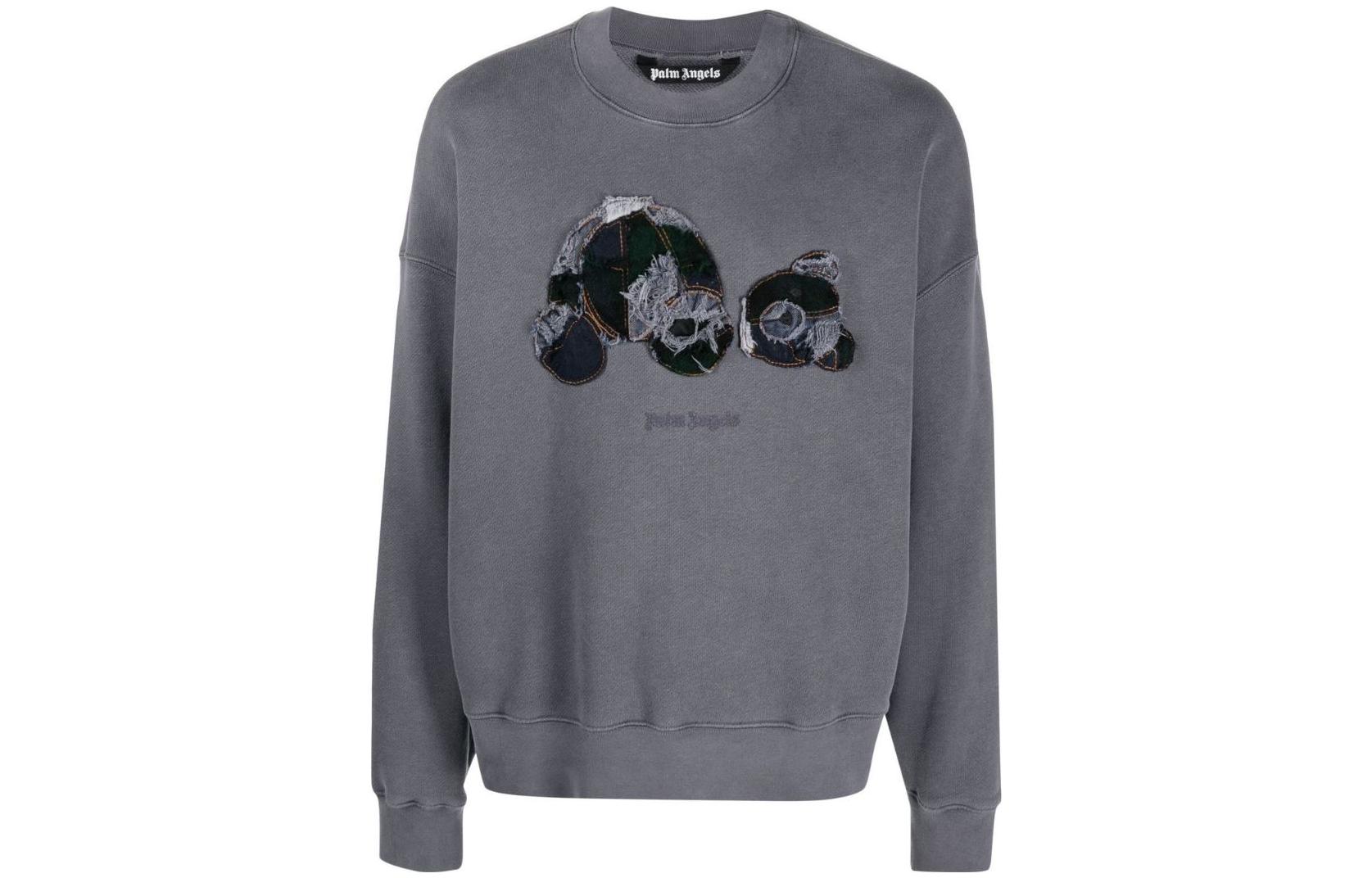 PALM ANGELS FW22 Teddy Bear Logo Embroidered Crewneck Sweatshirt Grey Mens. PMBA026F22FLE00249404940