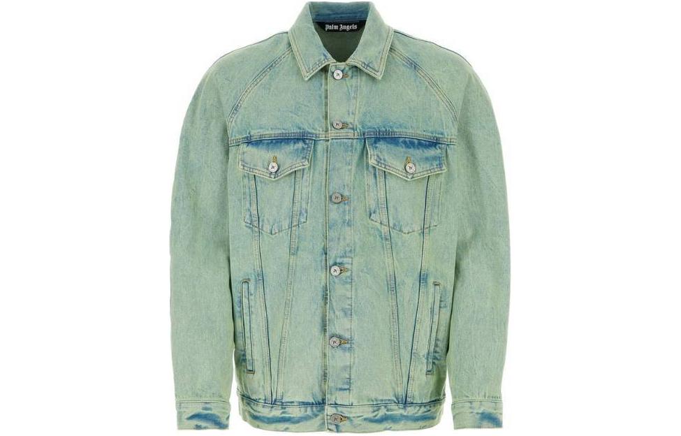 Palm Angels Green Button-Up Denim Jacket  Long Sleeve Outdoor Wear. PMYE038S24DEN0015103