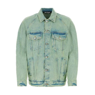 Palm Angels Green Button-Up Denim Jacket Long Sleeve Outdoor Wear. PMYE038S24DEN0015103